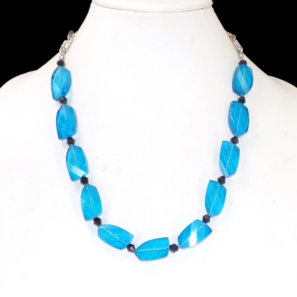 Blue glass beaded necklace with small black glass beads, fashion bead necklace